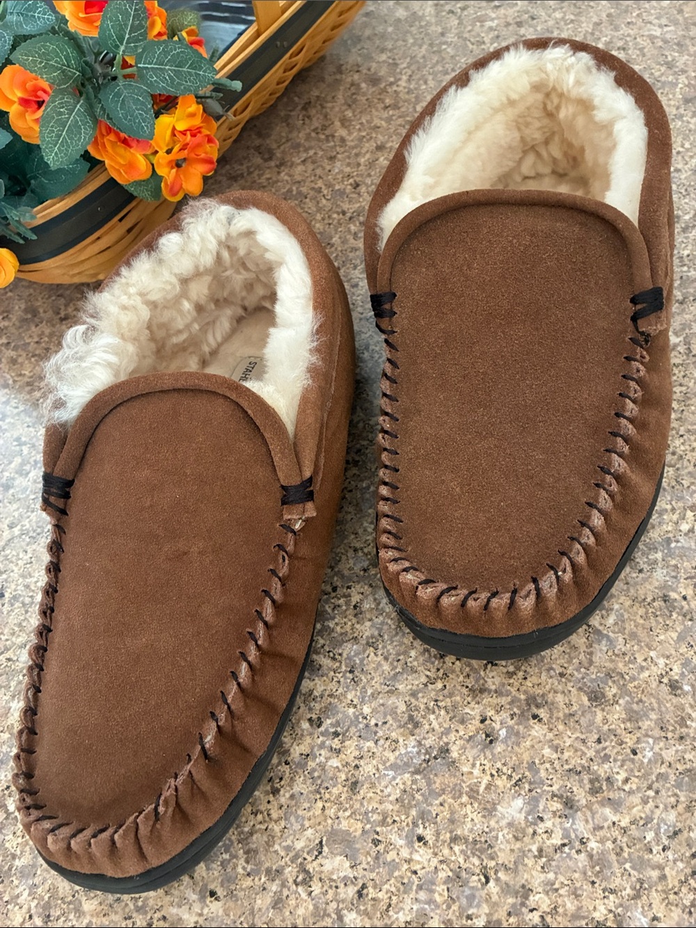 Staheekum Brown Suede Moccasin Slippers - Shearling Wool Lining 11 899M Trapper